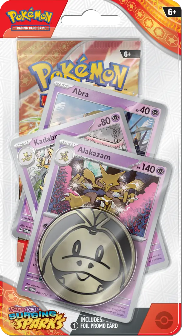 De Pokémon Surging Sparks Premium Checklane Blister Alakazam , SV08, Pokemon TCG