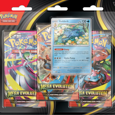 Mega Evolution 3 Pack Blister Psyduck, 3 Pack Blister, Pokémon Trading Card Game, Mega Evolution, Mega Evolution 3 Pack Blister Golduck
